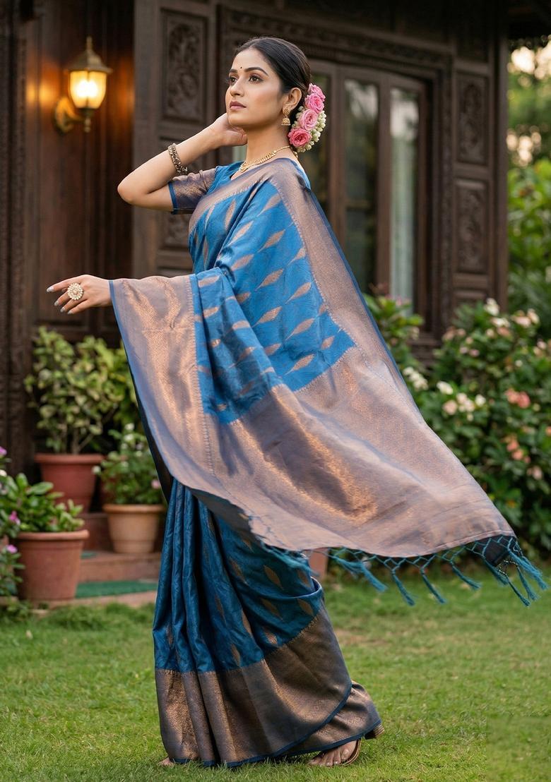 Blue Zari Work Silk Saree Set - Indya