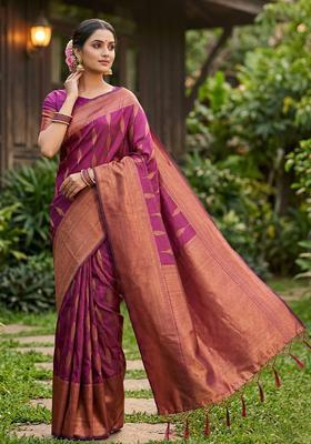 Purple Zari Work Silk Saree Set