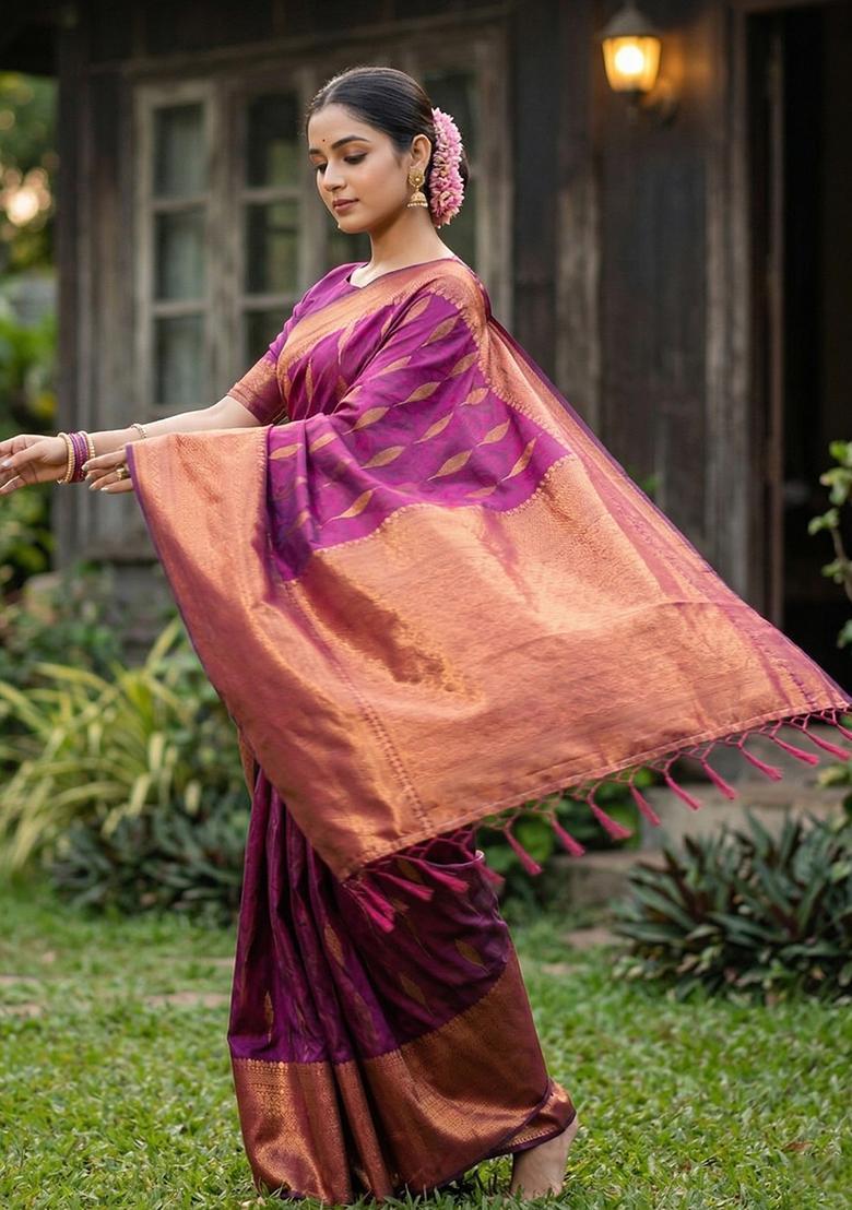Purple Zari Work Silk Saree Set - Indya
