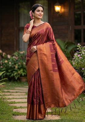 Maroon Zari Work Silk Saree Set