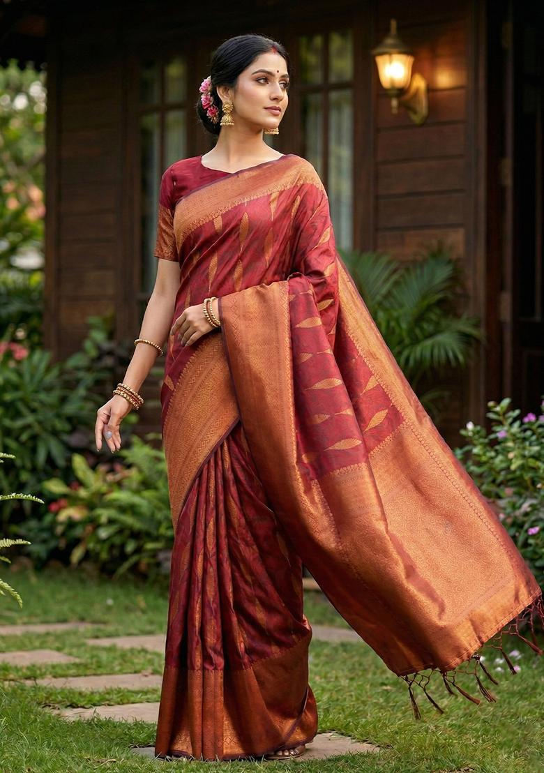 Maroon Zari Work Silk Saree Set - Indya
