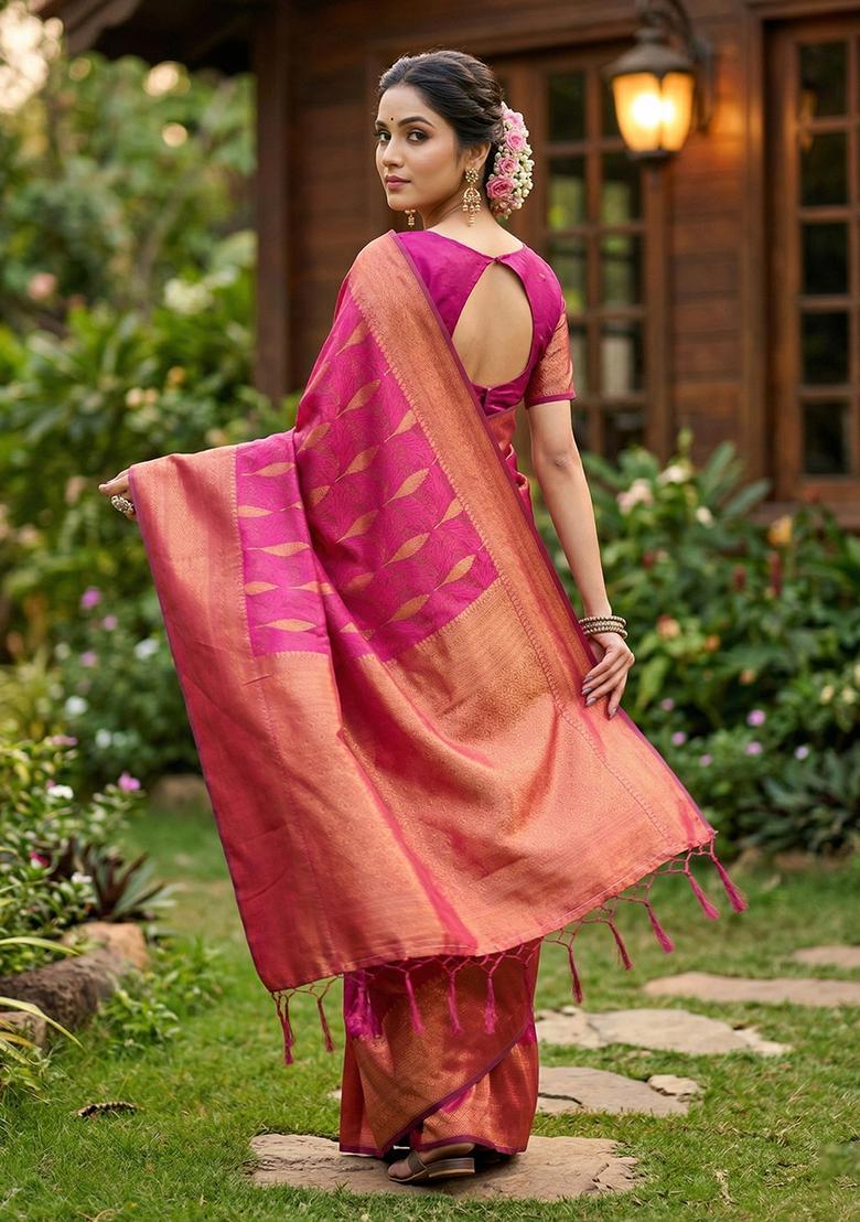 Light Pink Zari Work Silk Saree Set - Indya
