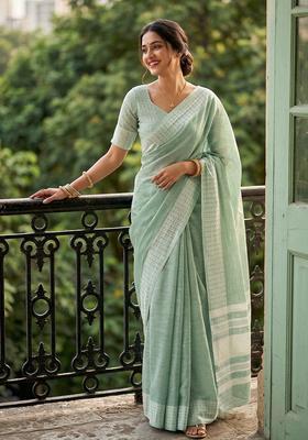 Green Zari Work Cotton Saree Set