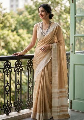 Mustard Zari Work Cotton Saree Set