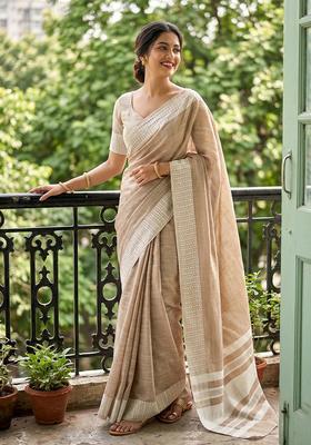 Light Brown Zari Work Cotton Saree Set
