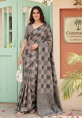 Brown Zari Work Cotton Saree Set