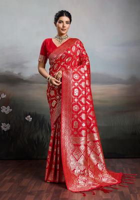 Red Zari Work Silk Saree Set