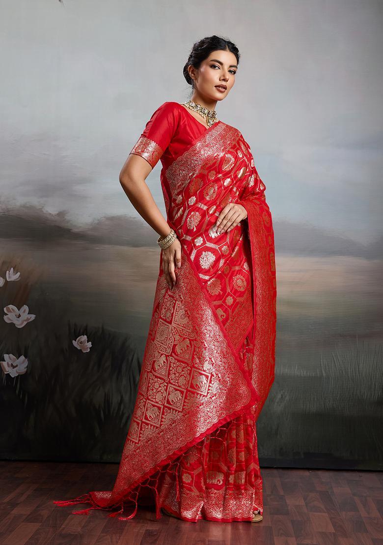 Red Zari Work Silk Saree Set - Indya