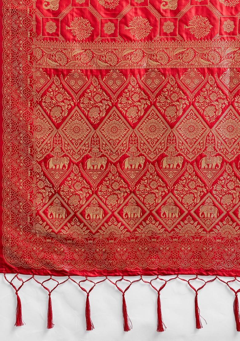 Red Zari Work Silk Saree Set - Indya