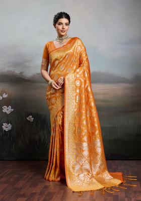 Orange Zari Work Silk Saree Set