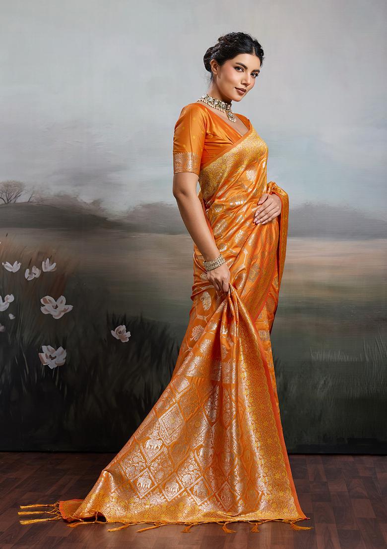 Orange Zari Work Silk Saree Set - Indya