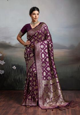 Wine Zari Work Silk Saree Set