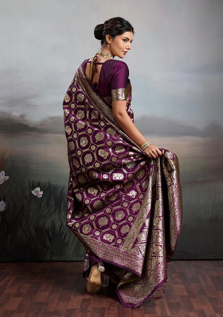 Wine Zari Work Silk Saree Set - Indya