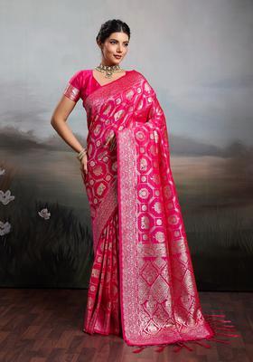 Pink Zari Work Silk Saree Set