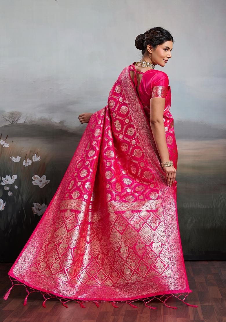 Pink Zari Work Silk Saree Set - Indya