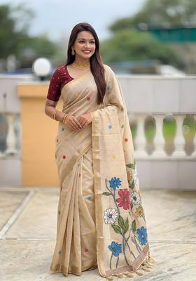 Cream Zari Work Silk Saree Set