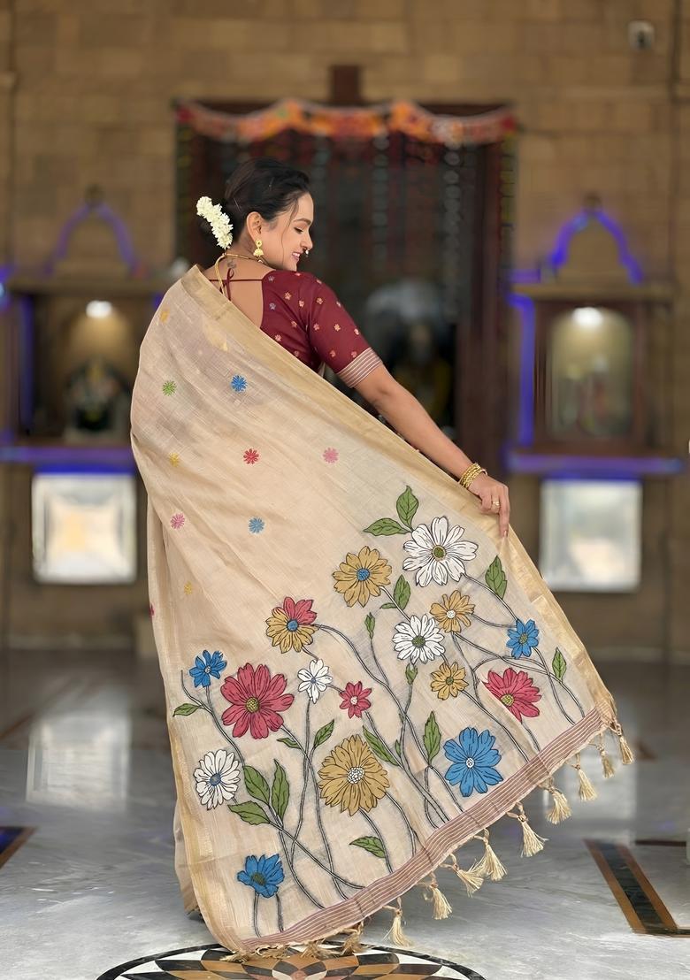 Cream Zari Work Silk Saree Set - Indya