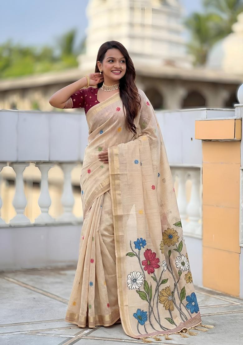 Cream Zari Work Silk Saree Set - Indya