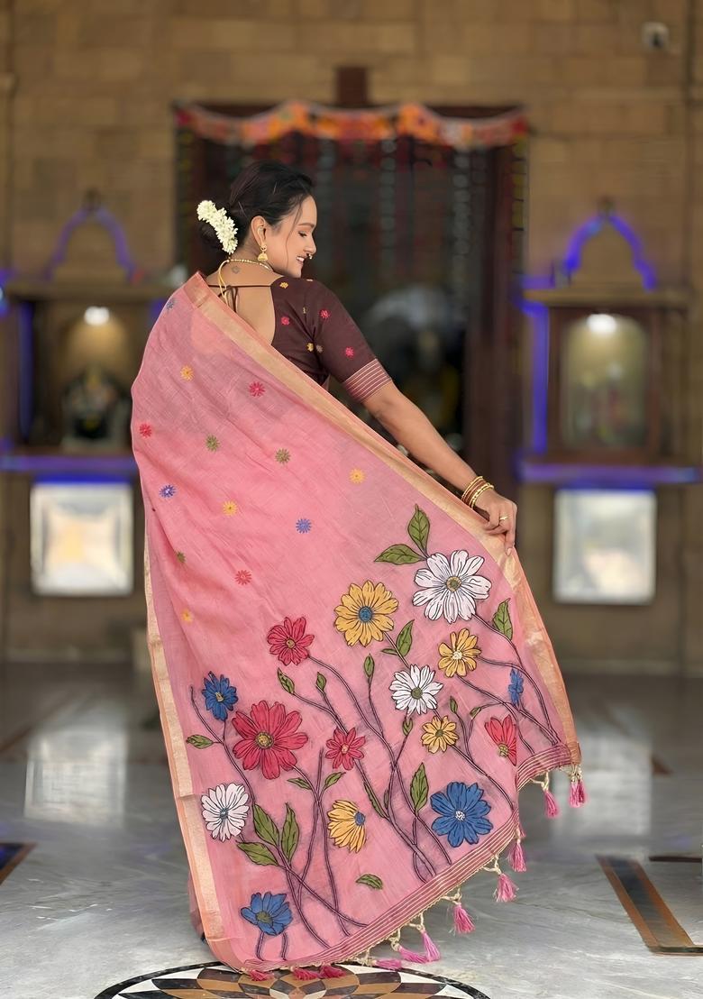 Pink Zari Work Silk Saree Set - Indya