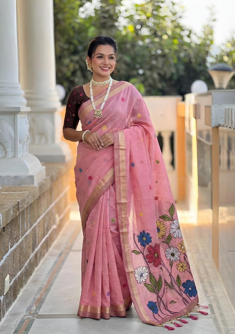Pink Zari Work Silk Saree Set - Indya