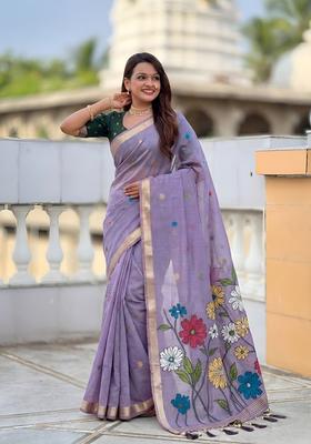 Lavender Zari Work Silk Saree Set