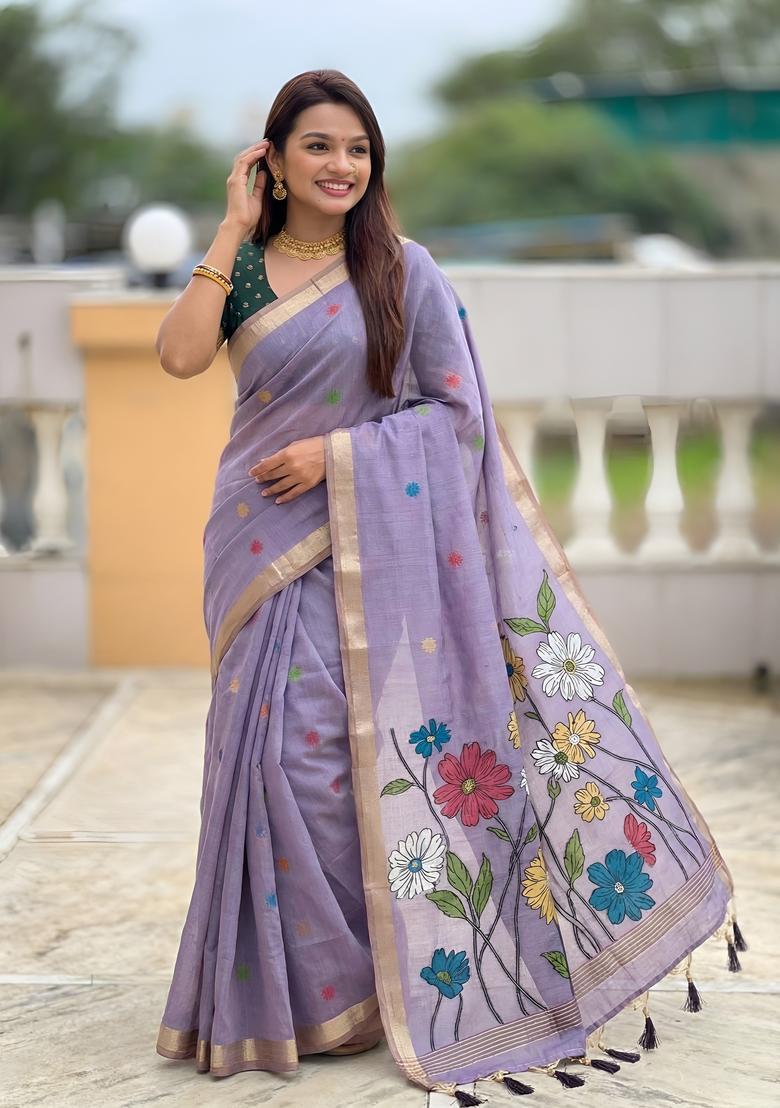 Lavender Zari Work Silk Saree Set - Indya