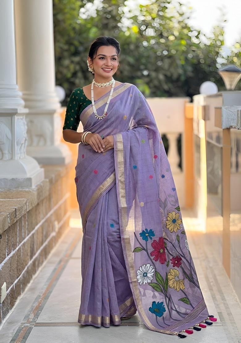 Lavender Zari Work Silk Saree Set - Indya