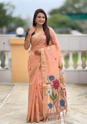 Peach Zari Work Silk Saree Set
