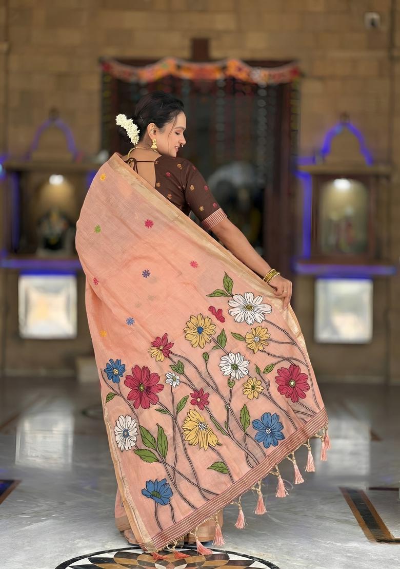 Peach Zari Work Silk Saree Set - Indya