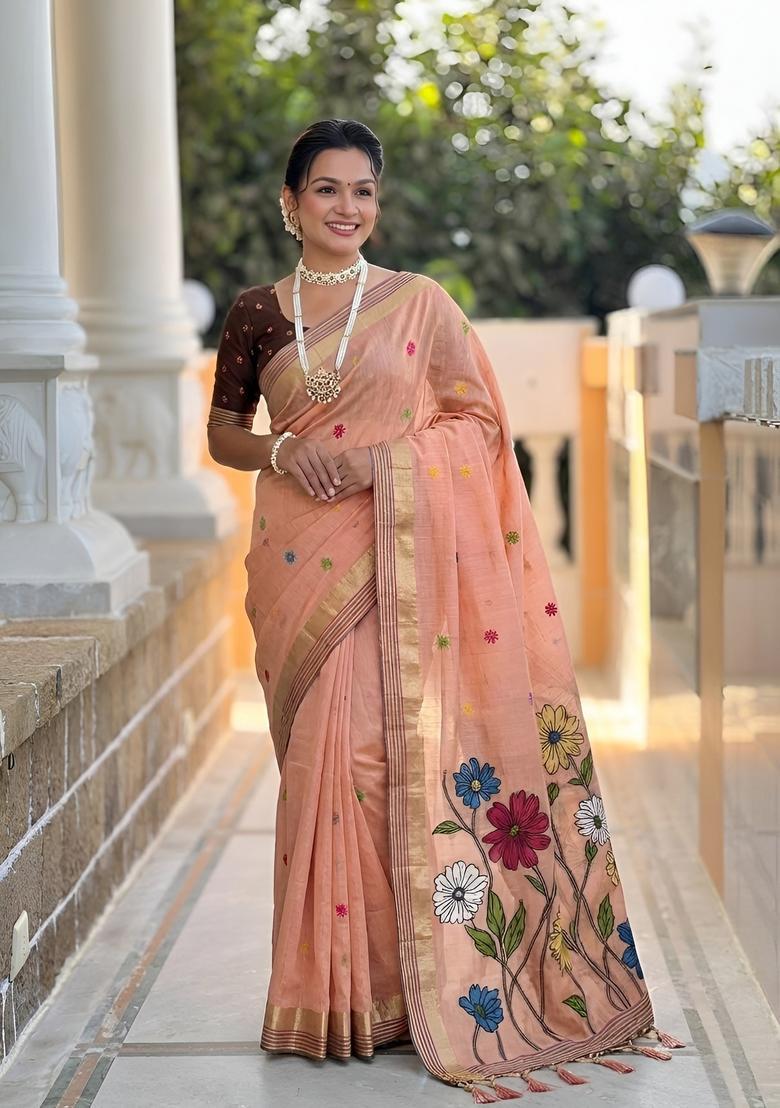 Peach Zari Work Silk Saree Set - Indya