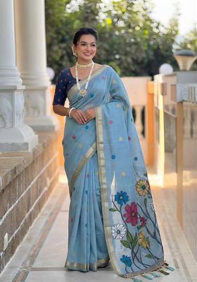 Sky Blue Zari Work Silk Saree Set