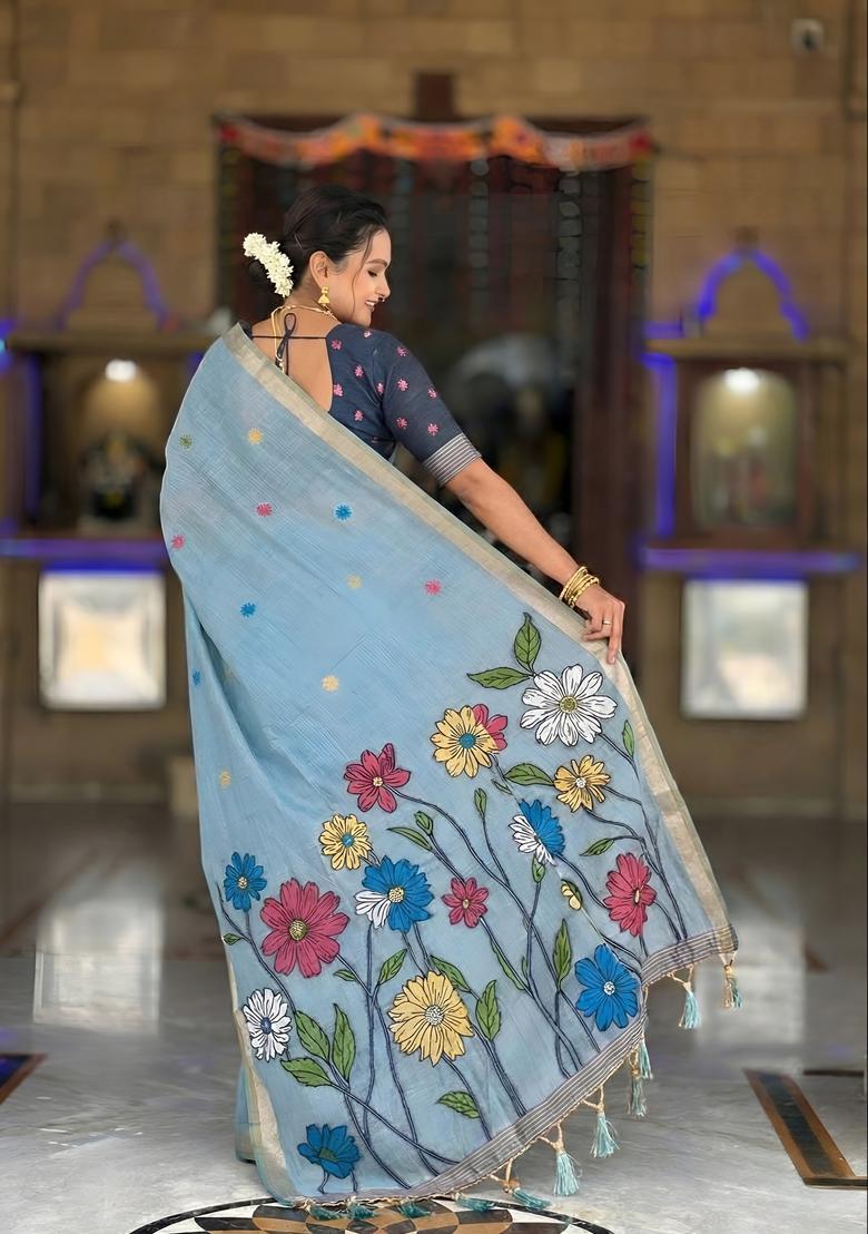 Sky Blue Zari Work Silk Saree Set - Indya