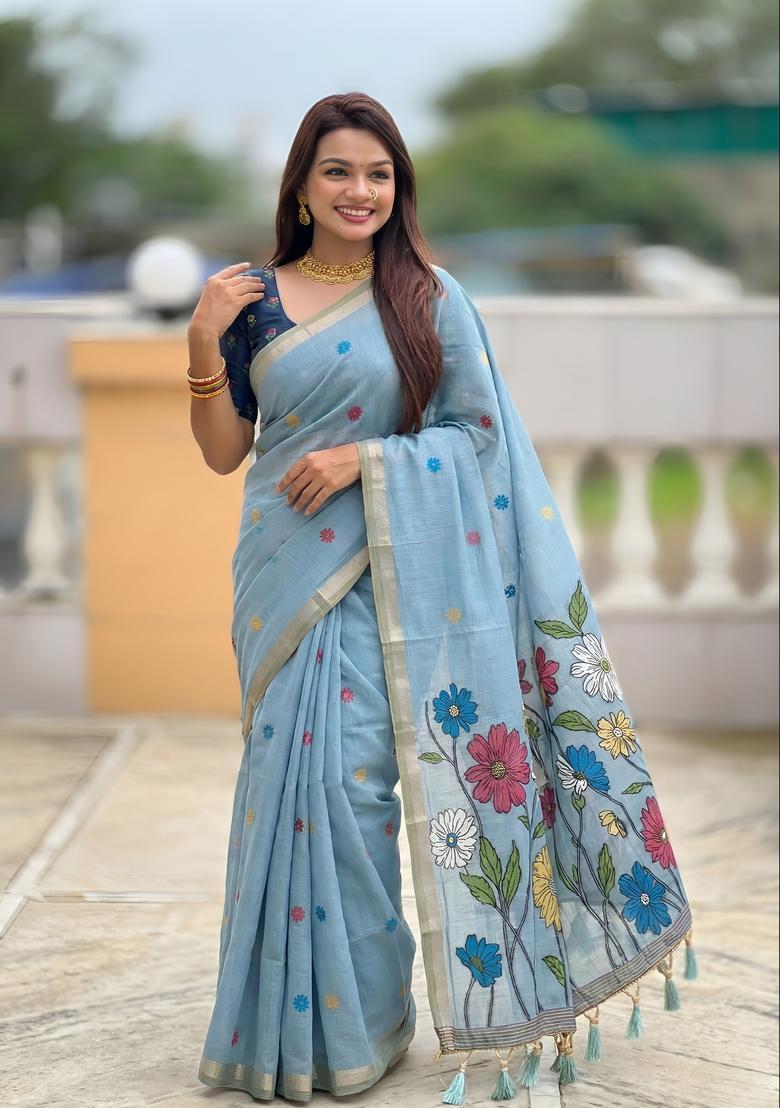 Sky Blue Zari Work Silk Saree Set - Indya