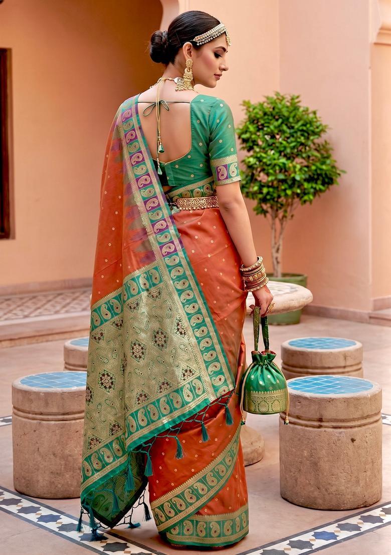 Red Zari Work Silk Saree Set - Indya