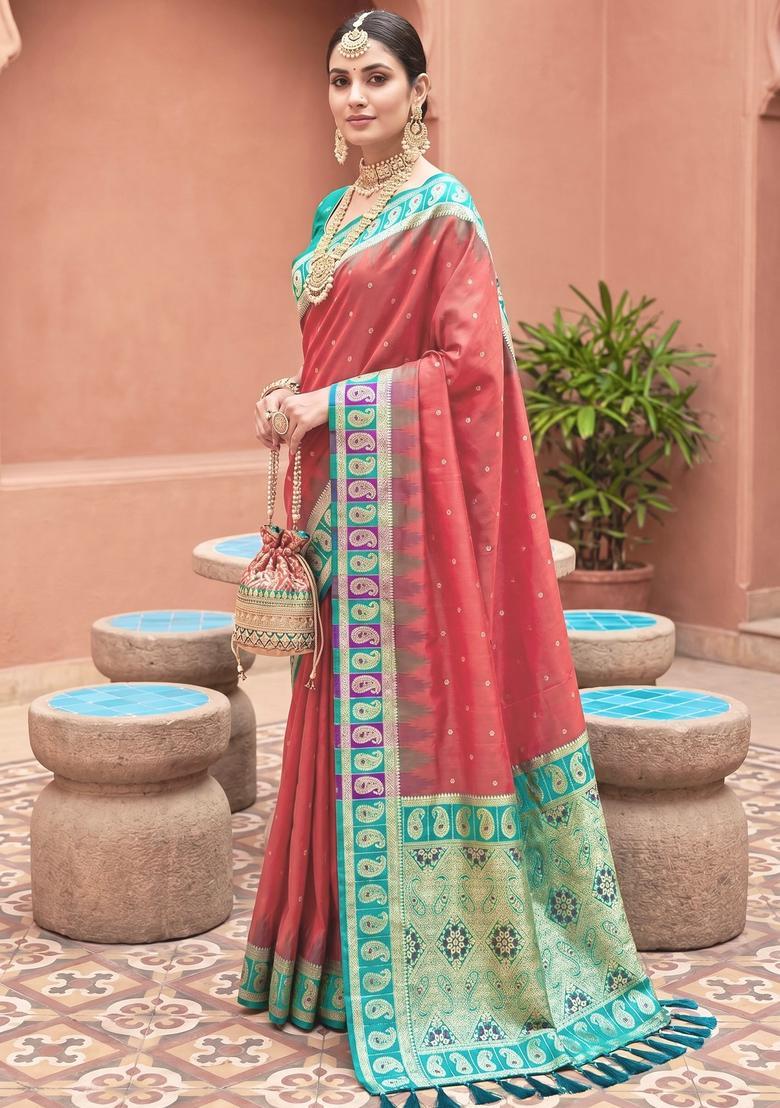 Red Zari Work Silk Saree Set - Indya