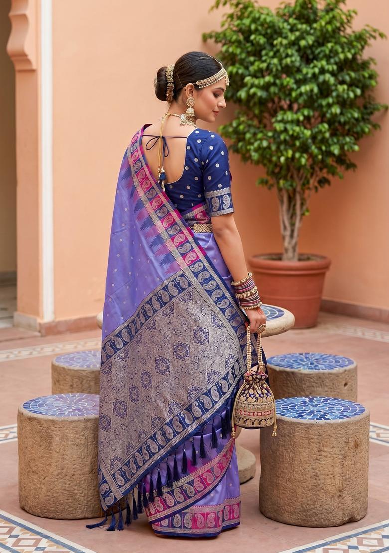 Lavender Zari Work Silk Saree Set - Indya