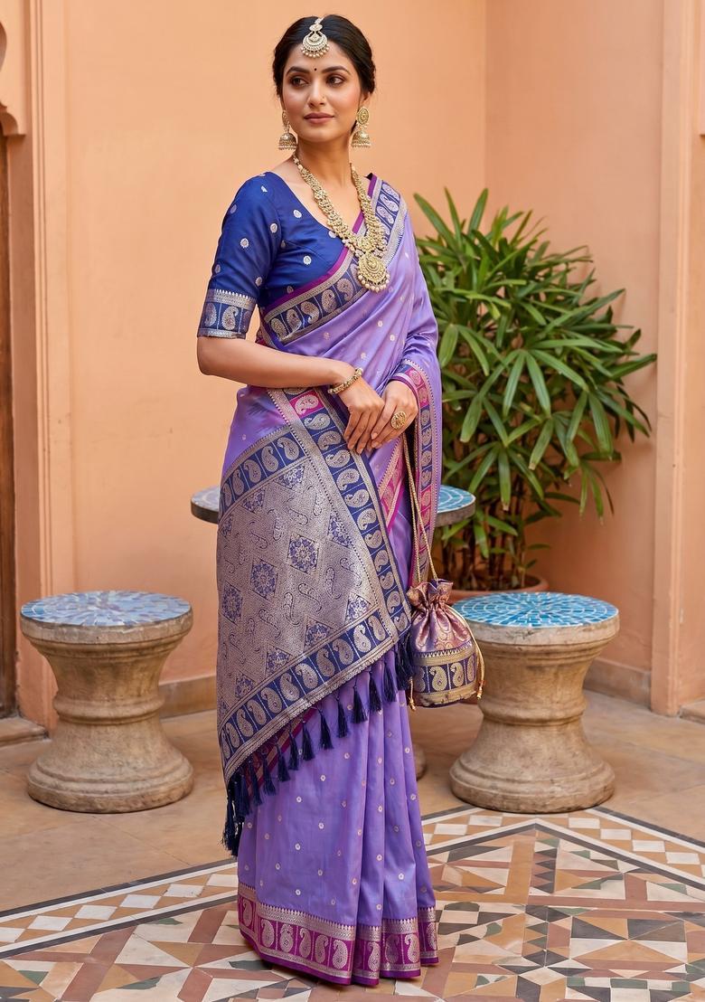 Lavender Zari Work Silk Saree Set - Indya