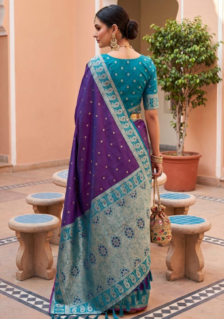 Magenta Zari Work Silk Saree Set - Indya