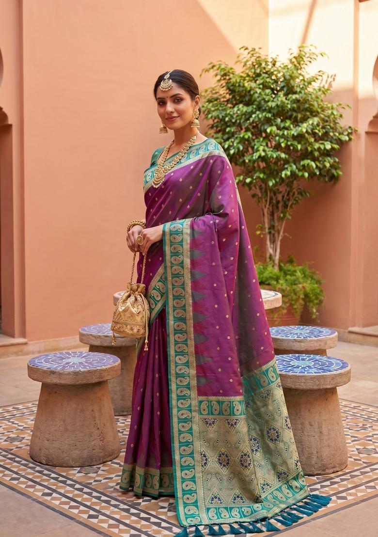 Mauve Zari Work Silk Saree Set - Indya