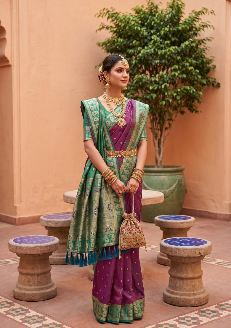Mauve Zari Work Silk Saree Set - Indya