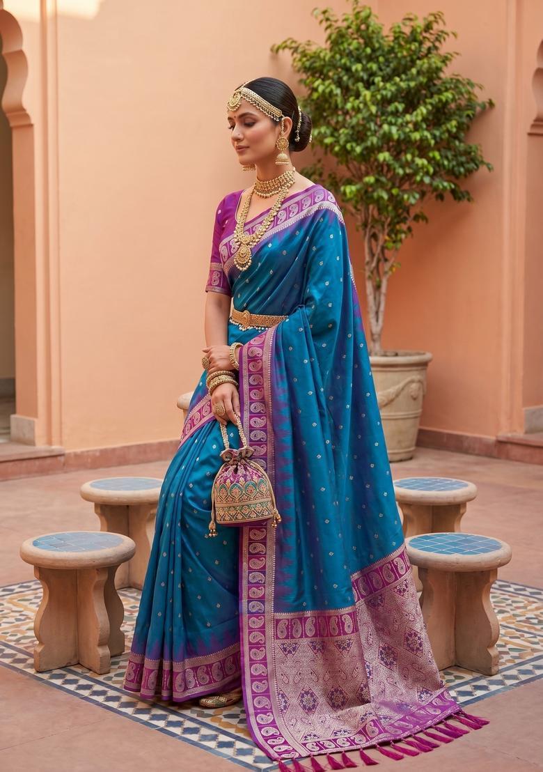 Blue Zari Work Silk Saree Set - Indya
