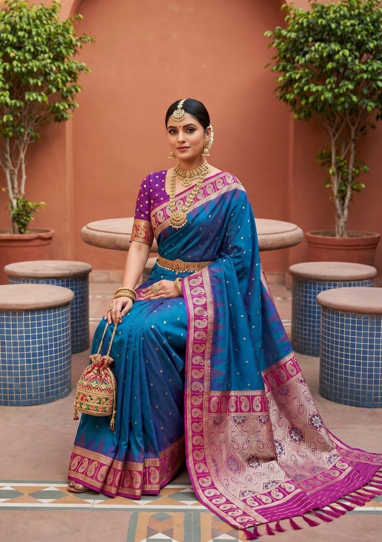 Blue Zari Work Silk Saree Set - Indya