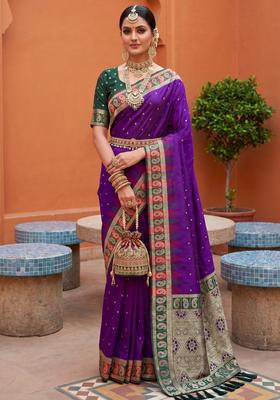 Violet Zari Work Silk Saree Set