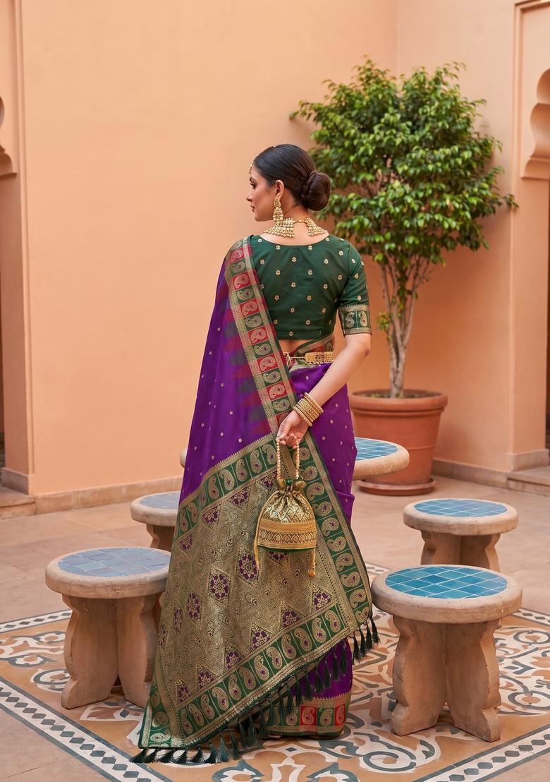 Violet Zari Work Silk Saree Set - Indya