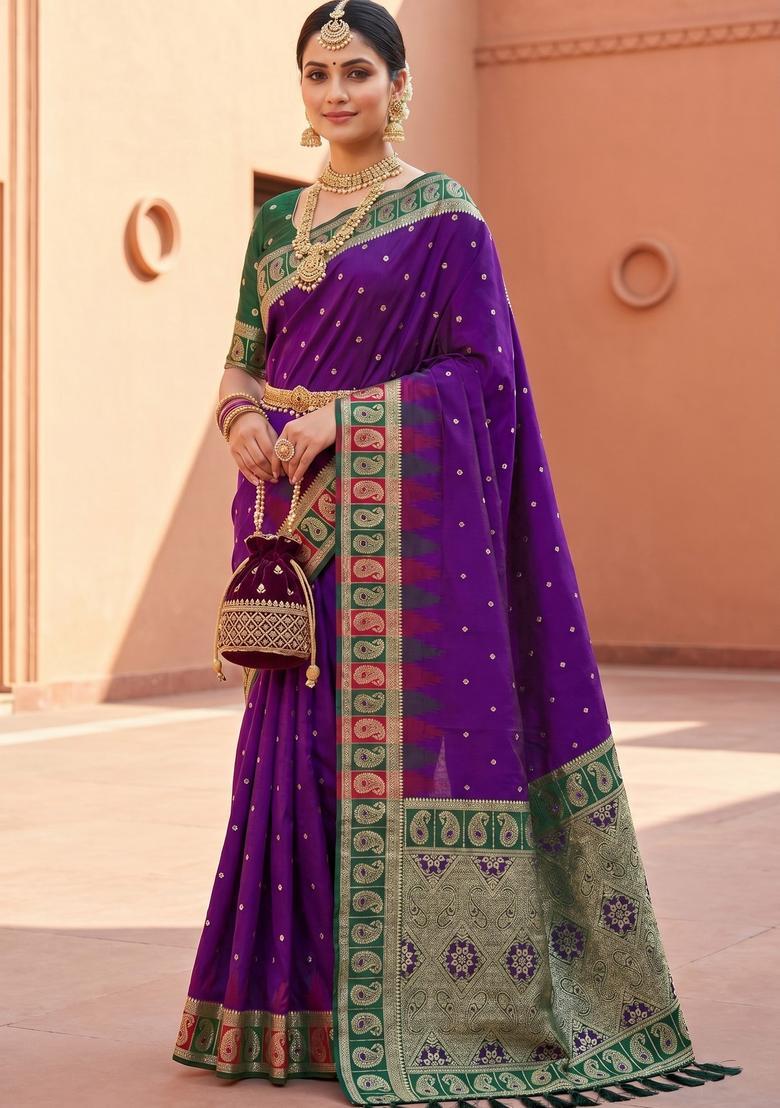 Violet Zari Work Silk Saree Set - Indya