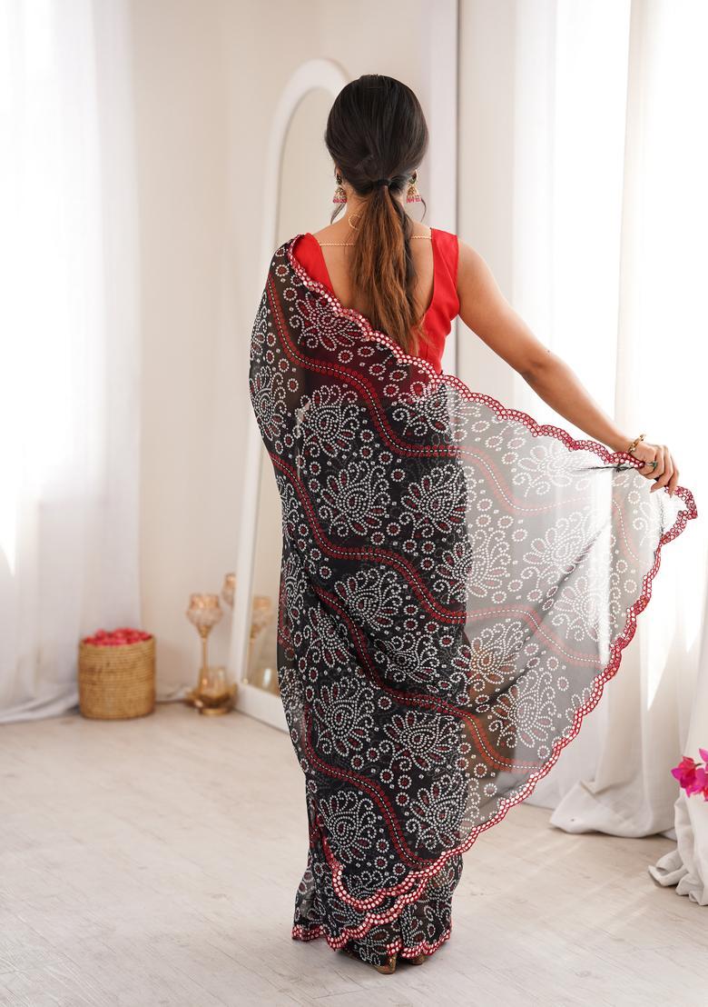 Black Printed Georgette Saree Set - Indya