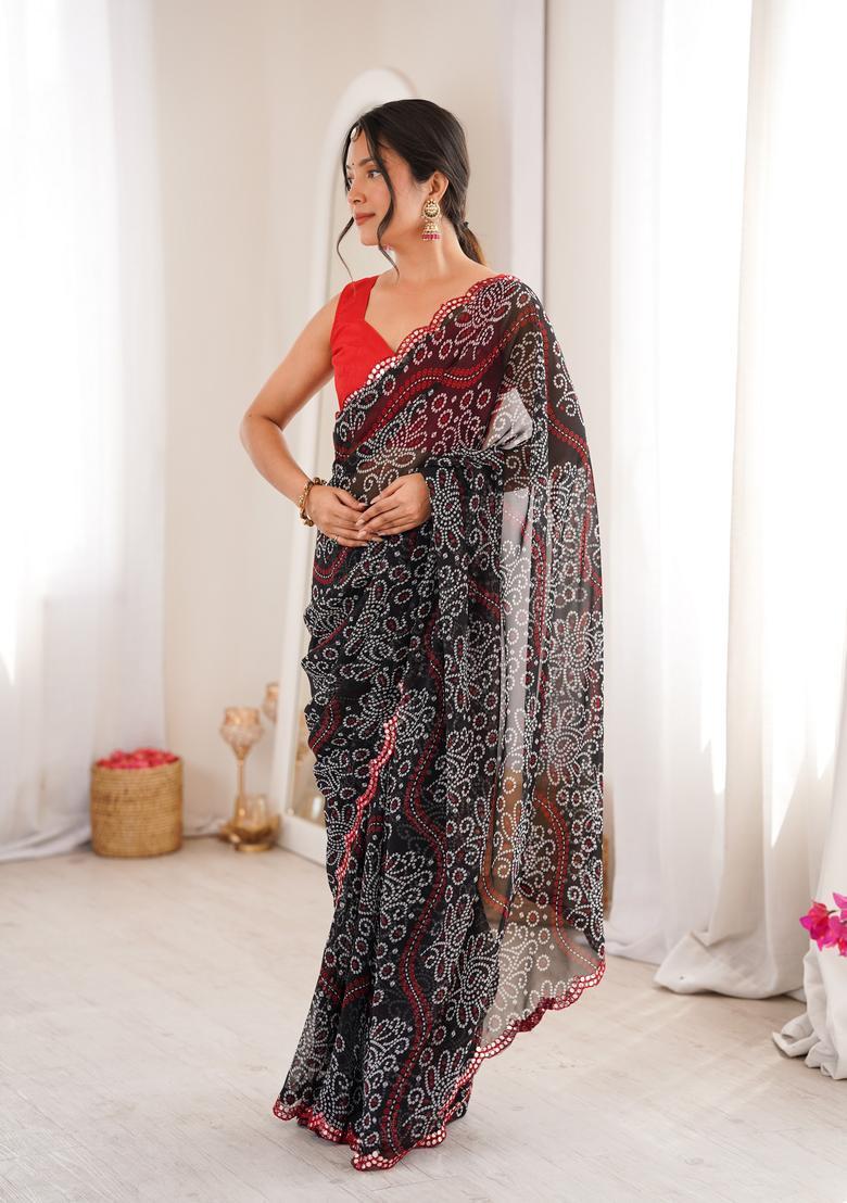 Black Printed Georgette Saree Set - Indya