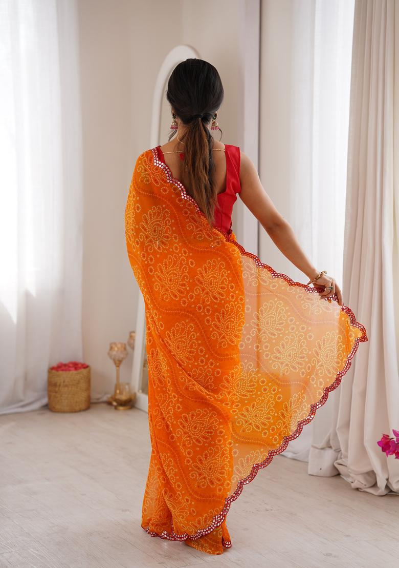 Orange Printed Georgette Saree Set - Indya