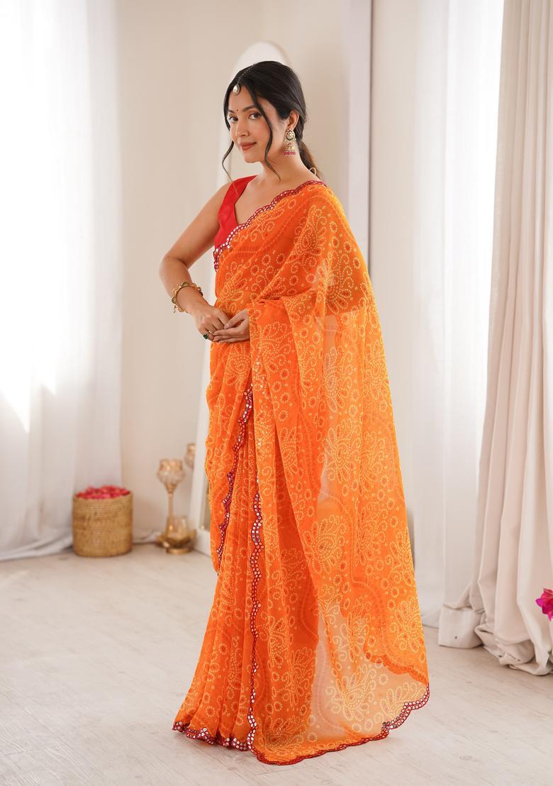 Orange Printed Georgette Saree Set - Indya