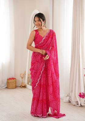 Pink Printed Georgette Saree Set